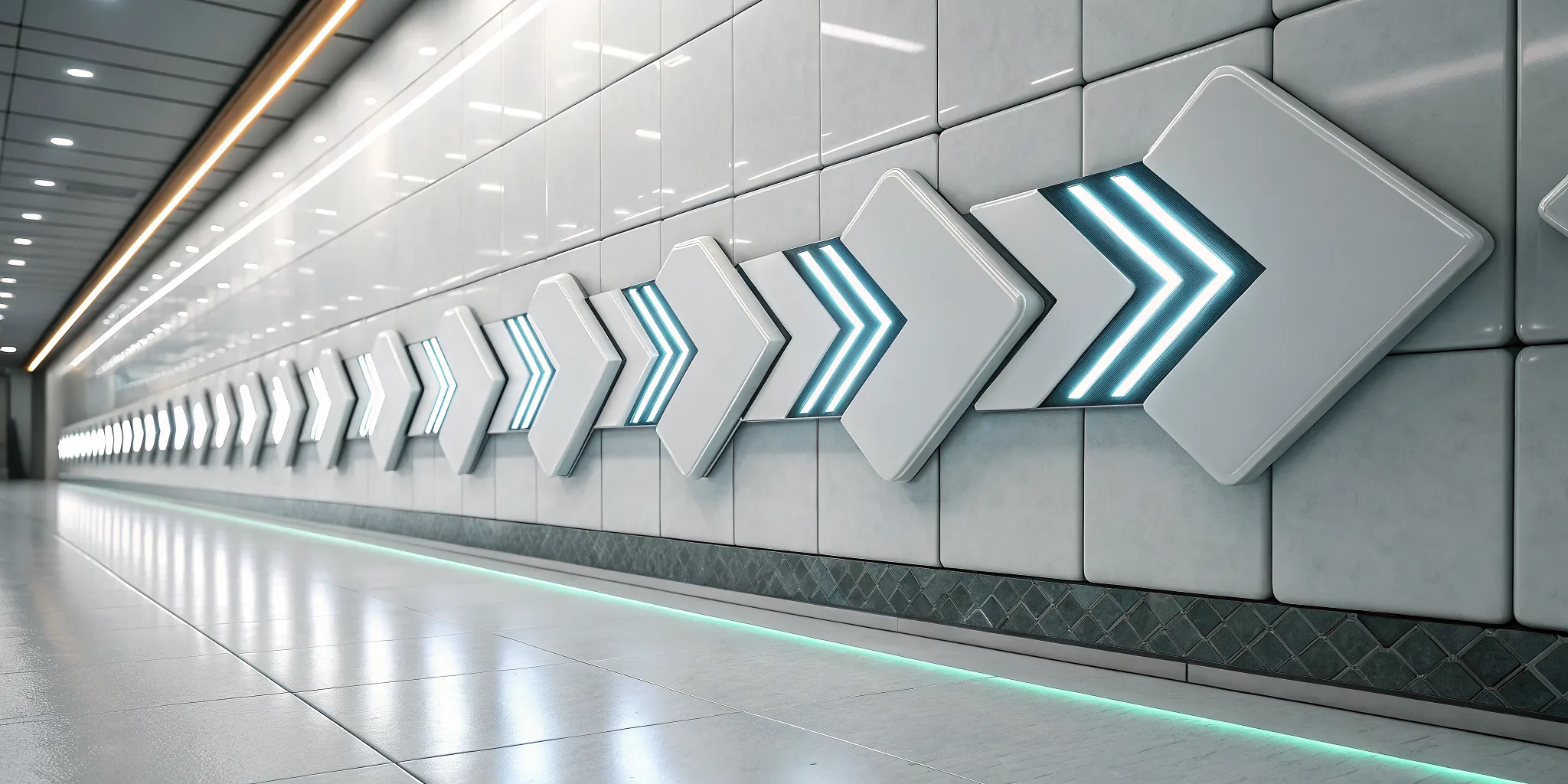 Glowing arrows in a hallway showing the six stages of full-cycle RPG development.