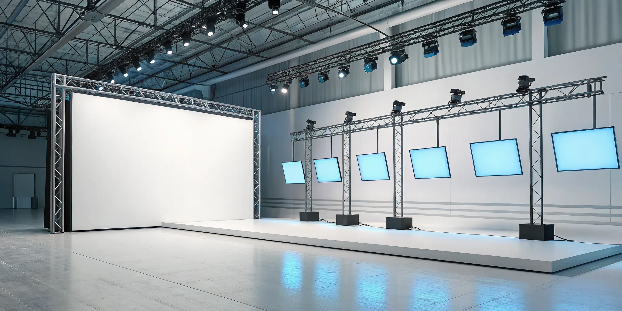 An empty virtual production stage with LED screens, ready for a new workflow template.