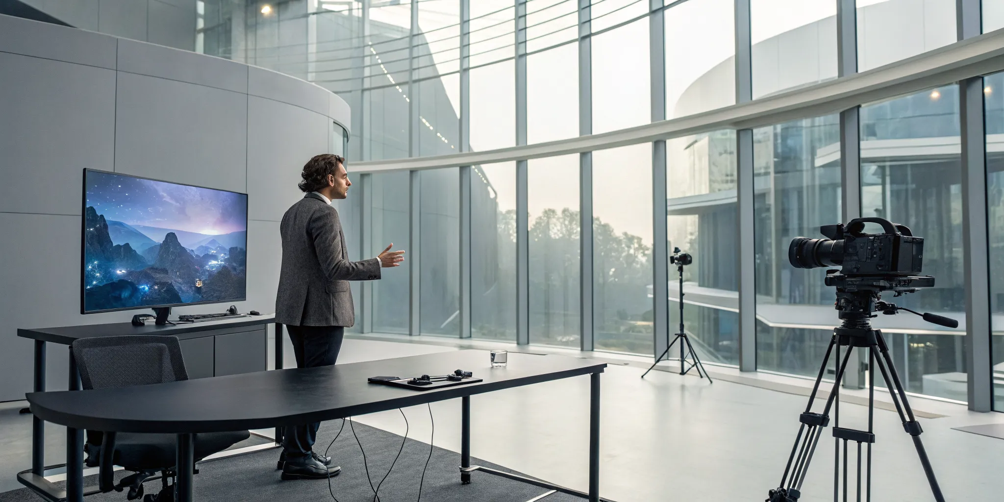 Game-to-series adaptation consultant filming in a modern office with a camera and TV.