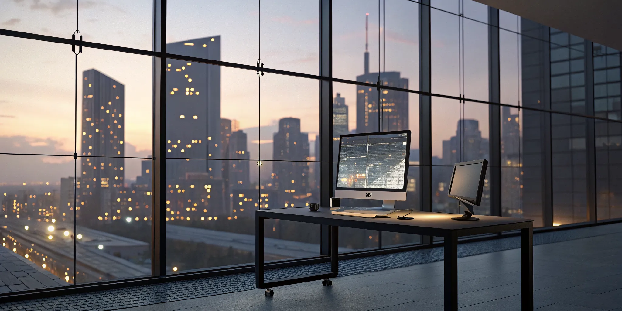 Outsourced C++ game engineering professional's desk with dual monitors and a city view.
