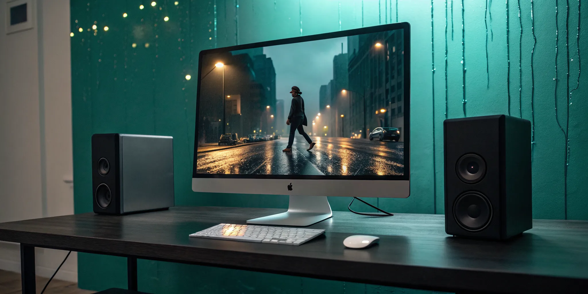 A desktop computer using VAD to build a cinematic trailer scene of a city.