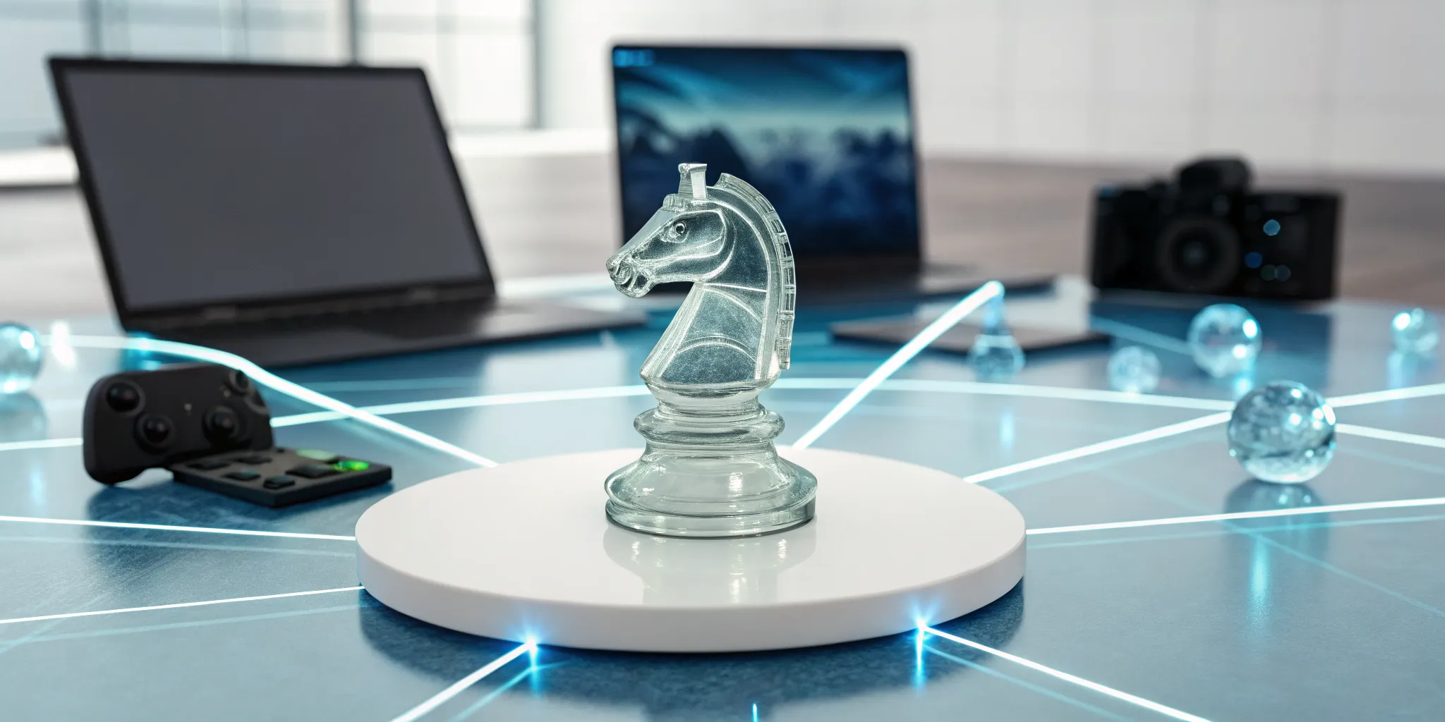 A chess knight, camera, and game controller arranged for a cross media entertainment strategy.
