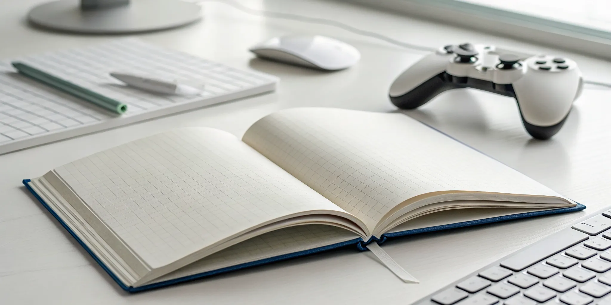 Desk with a notebook, keyboard, and game controller for adapting a book IP to a game.