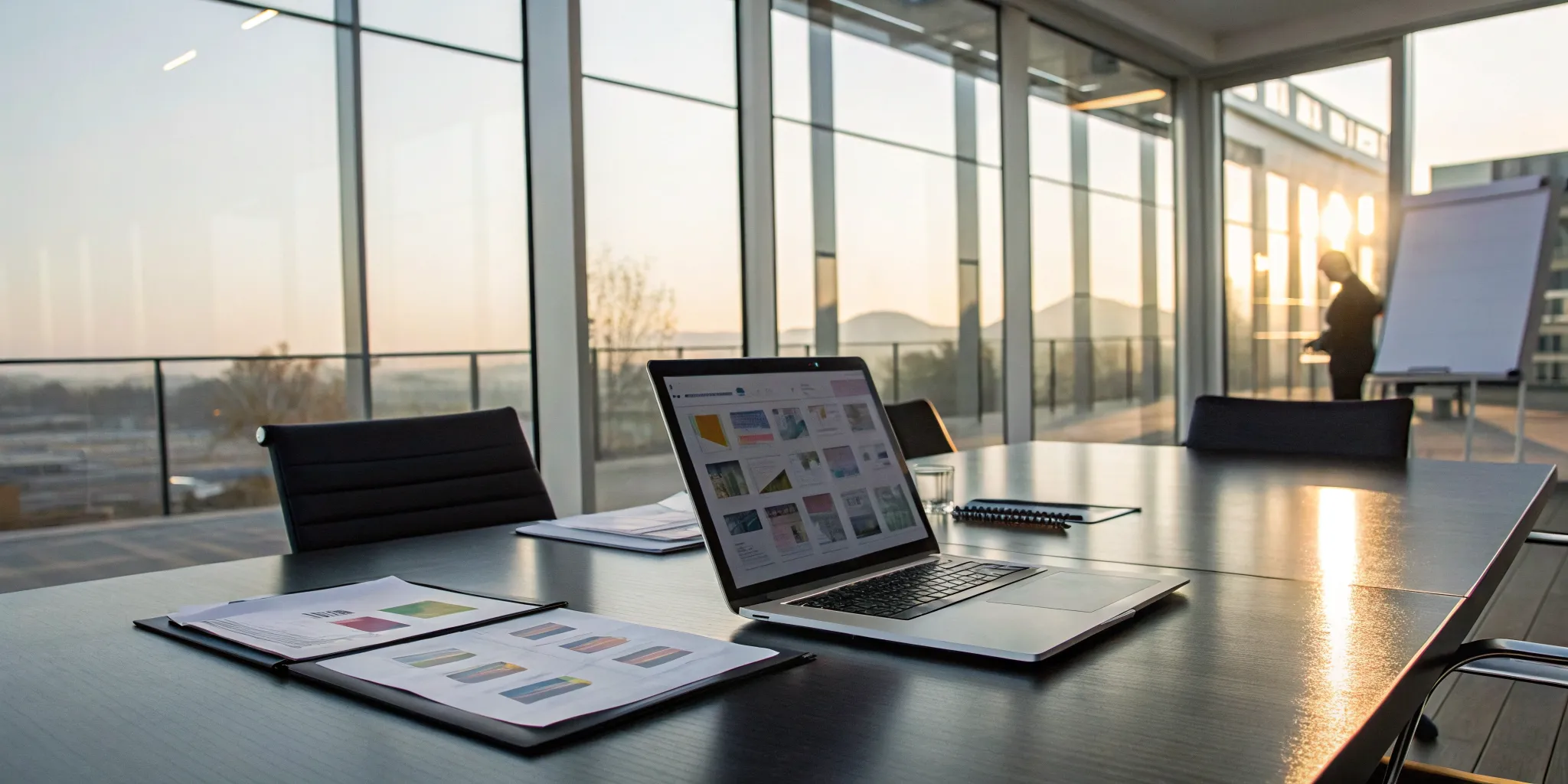 Laptop and documents on a table during a show bible creation agency meeting.