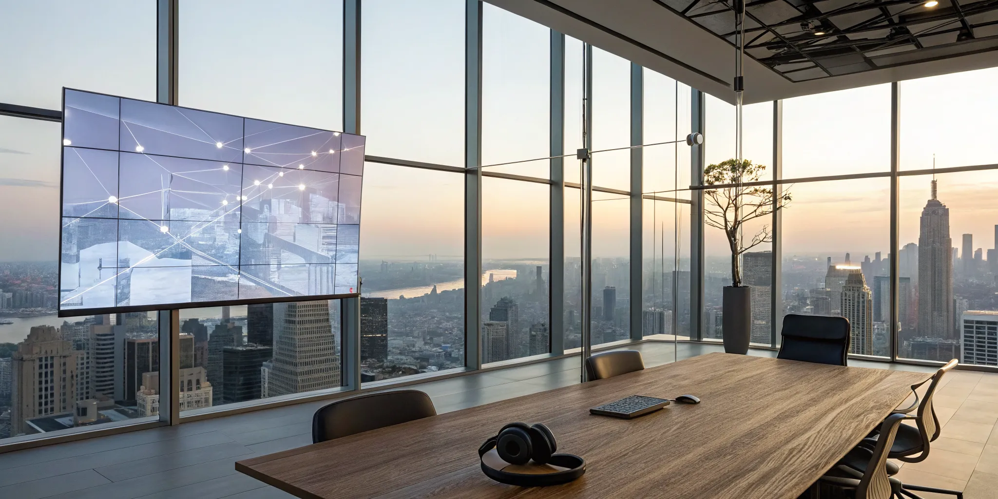 Modern conference room and workspace for a VR narrative game development agency.