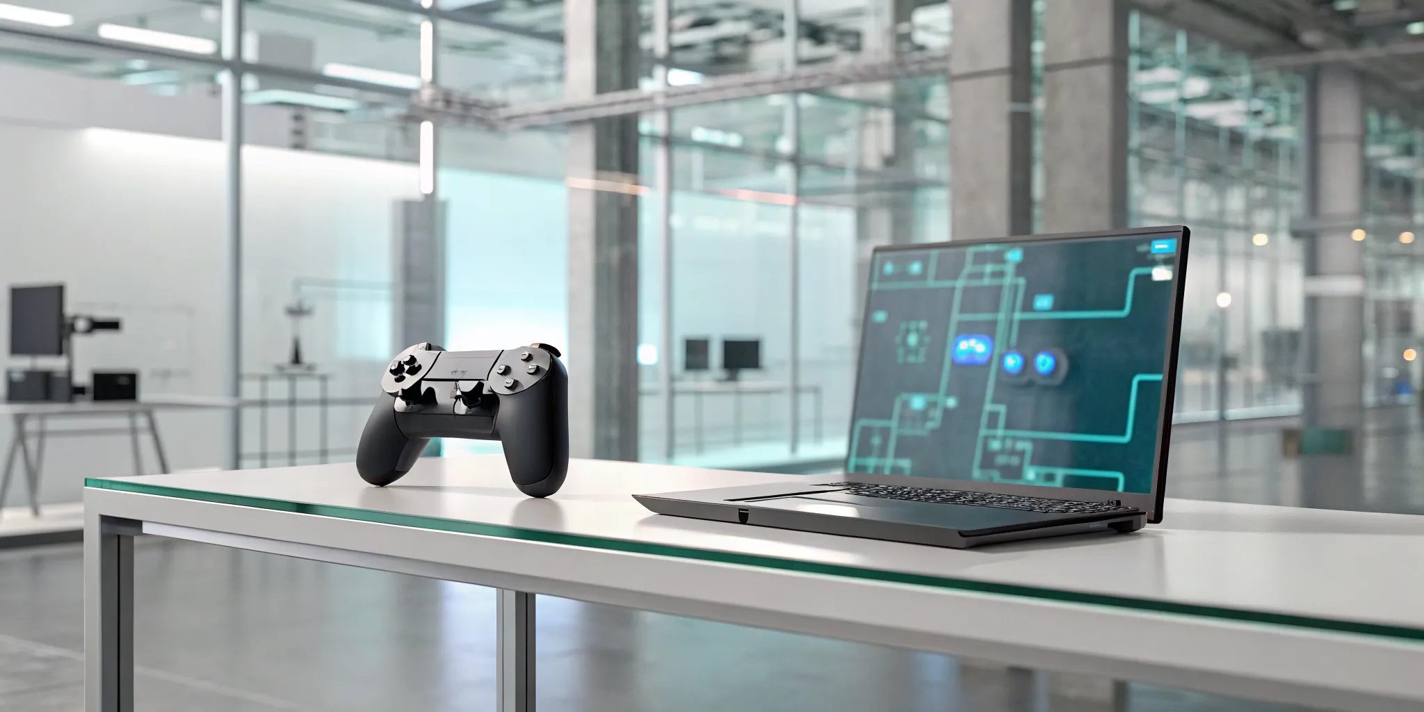 Laptop and game controller on a desk during the console game porting process.