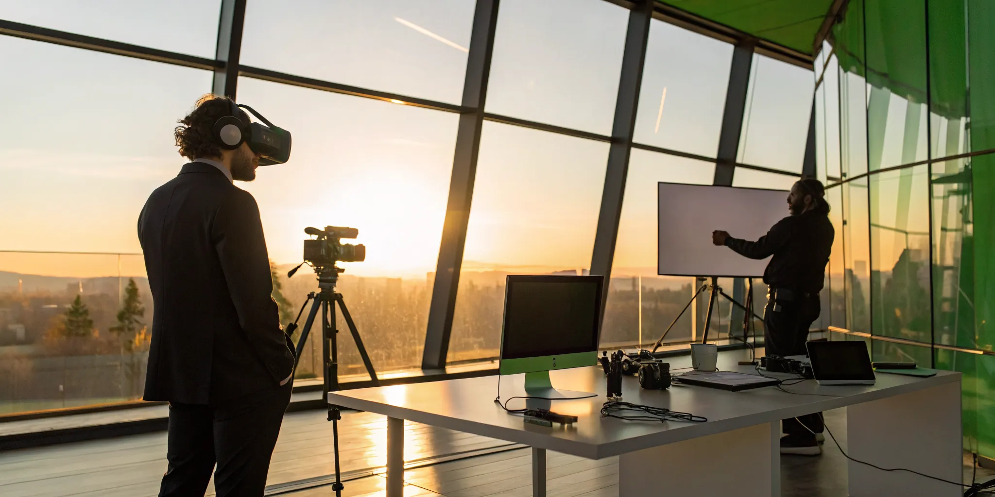 Equipment for cinematic VR experience development, including a headset and professional camera.