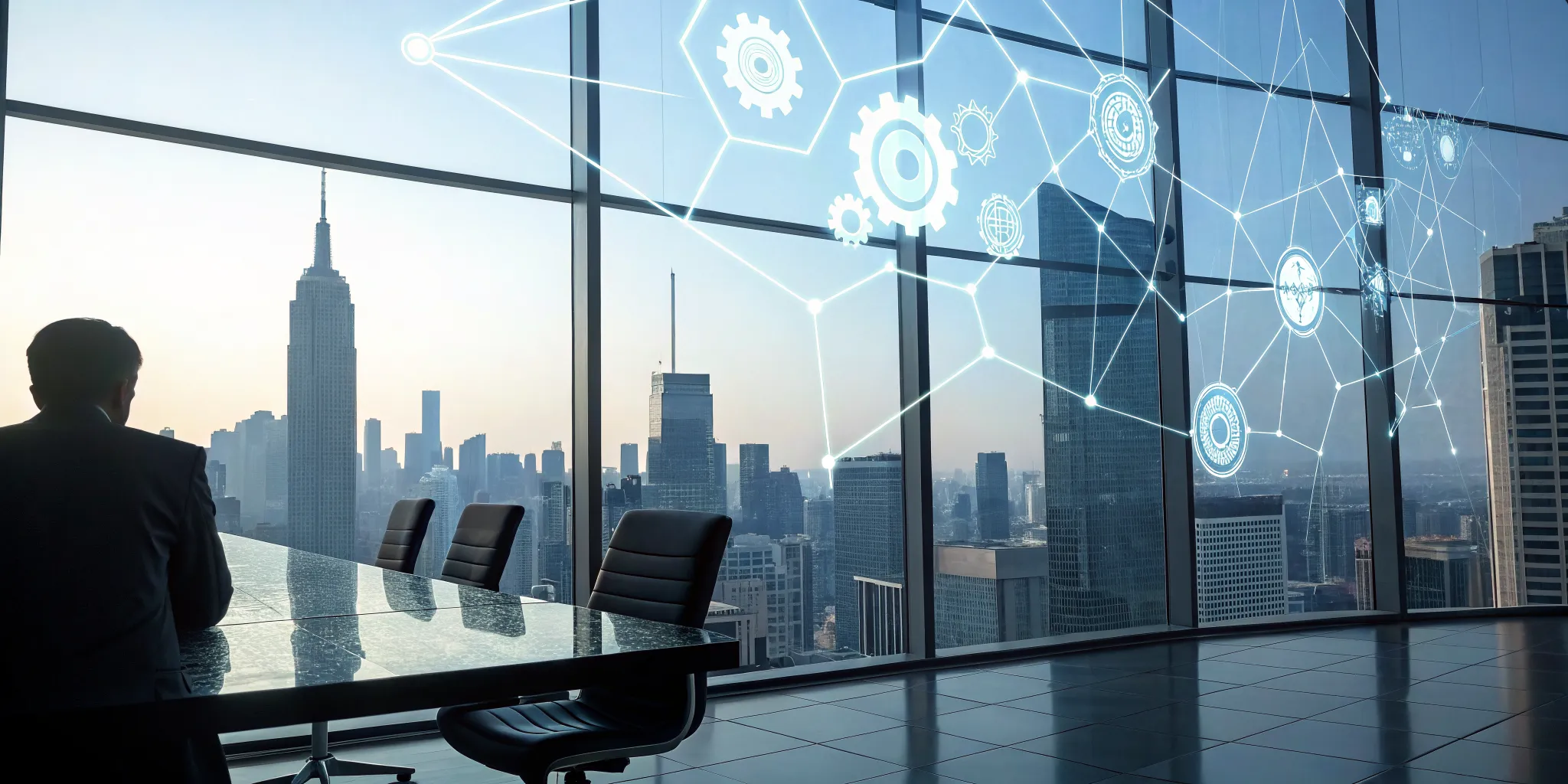 A consultant plans a game production pipeline strategy represented by digital gears.