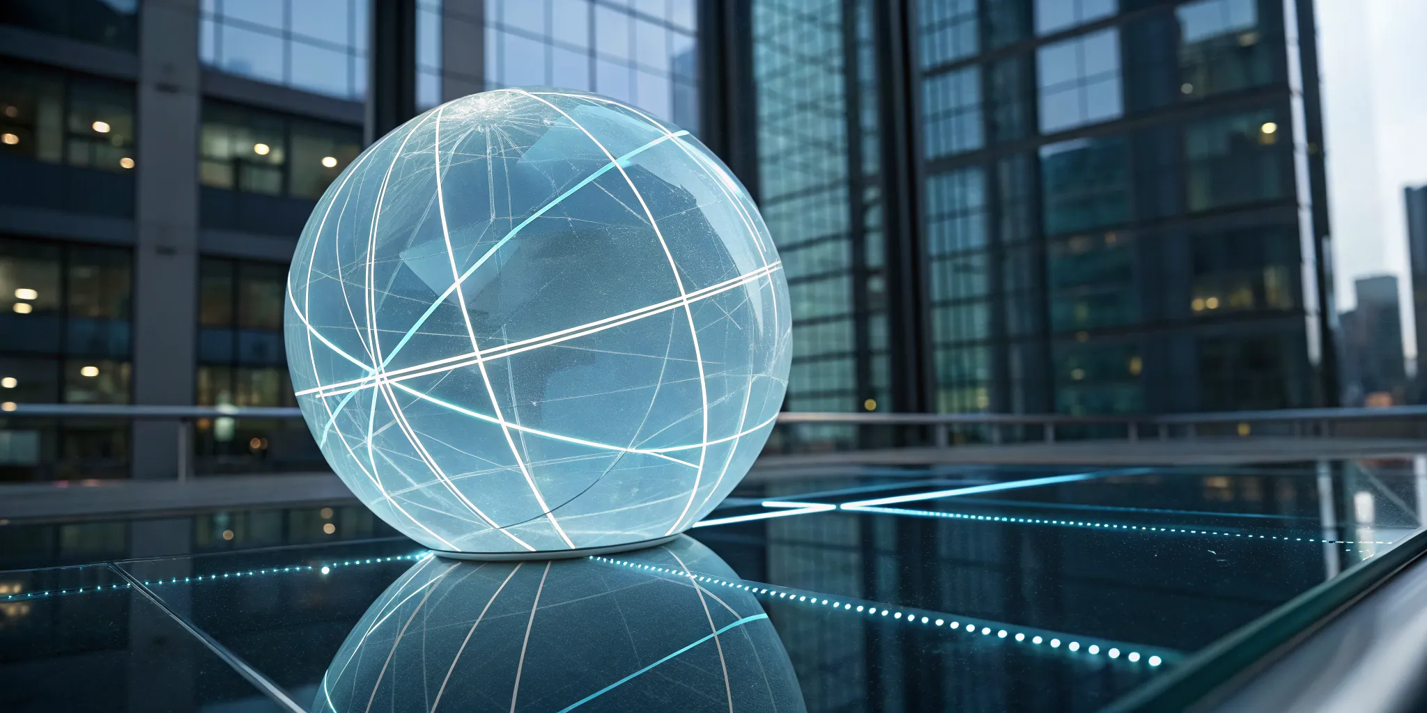 A futuristic glowing globe with network lines for multi-platform IP worldbuilding.