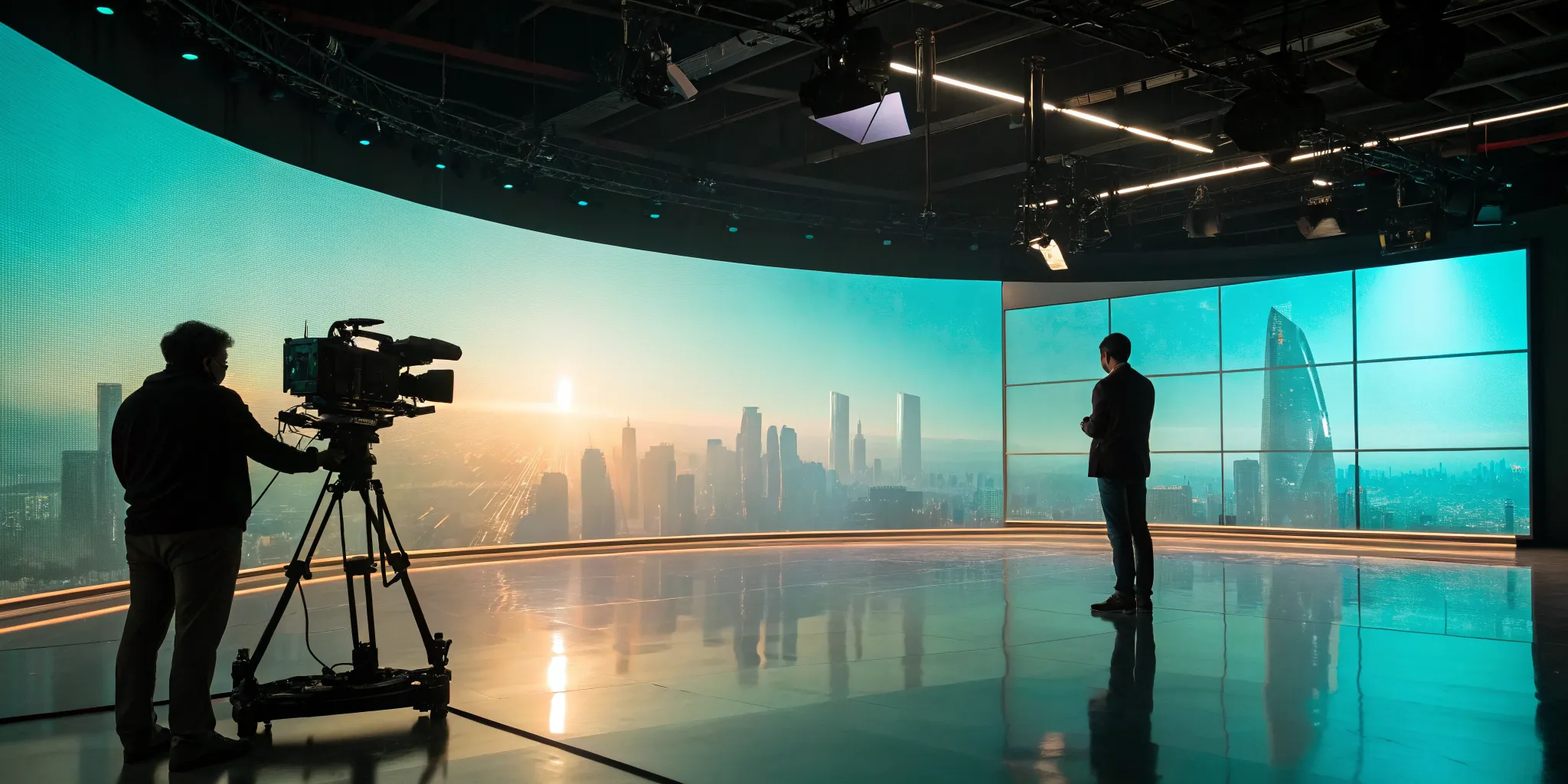 Camera crew on a virtual production set using Unreal Engine VAD and an LED wall.