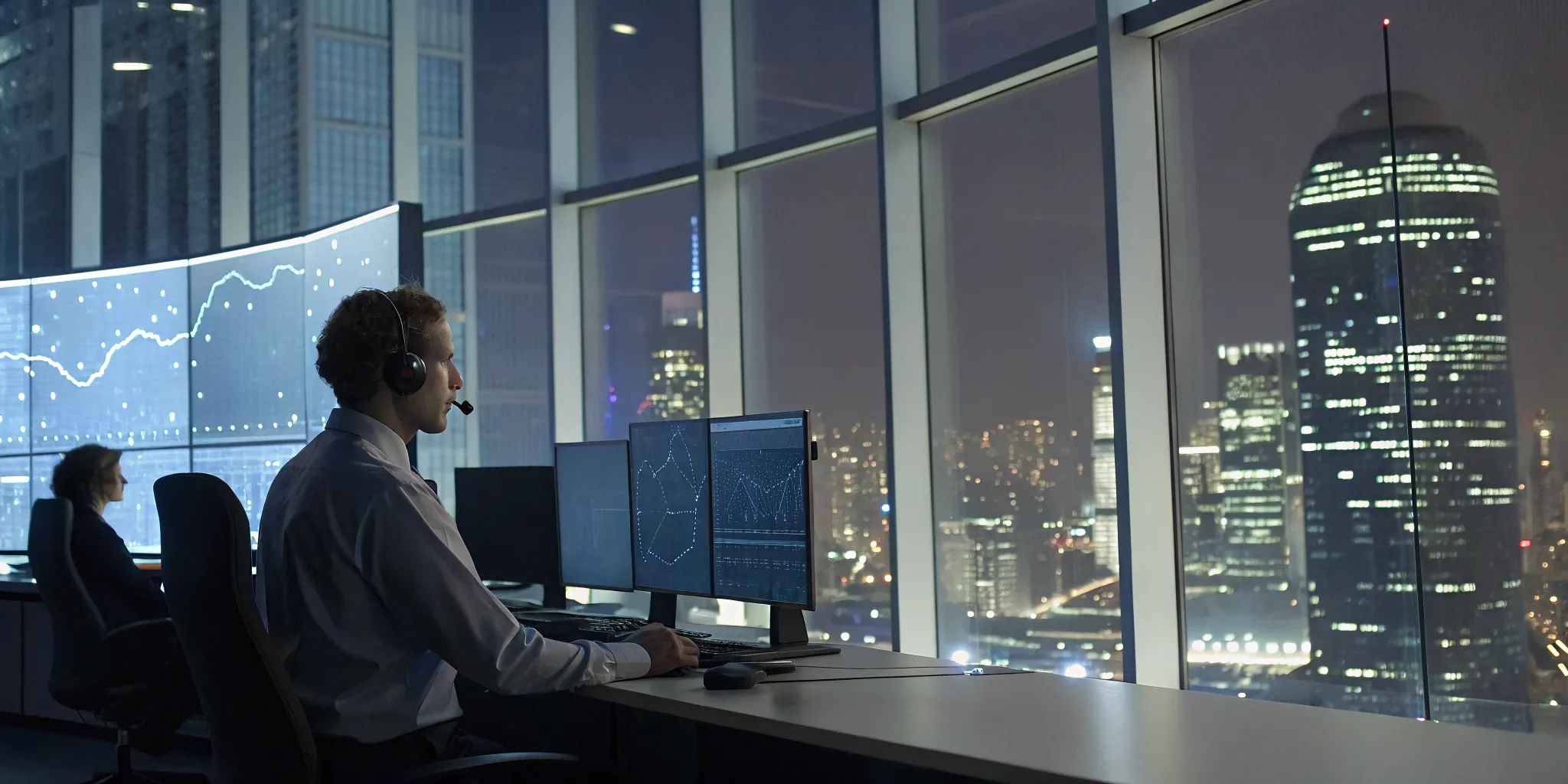 Live service game support team monitoring player activity and technical stability at night.