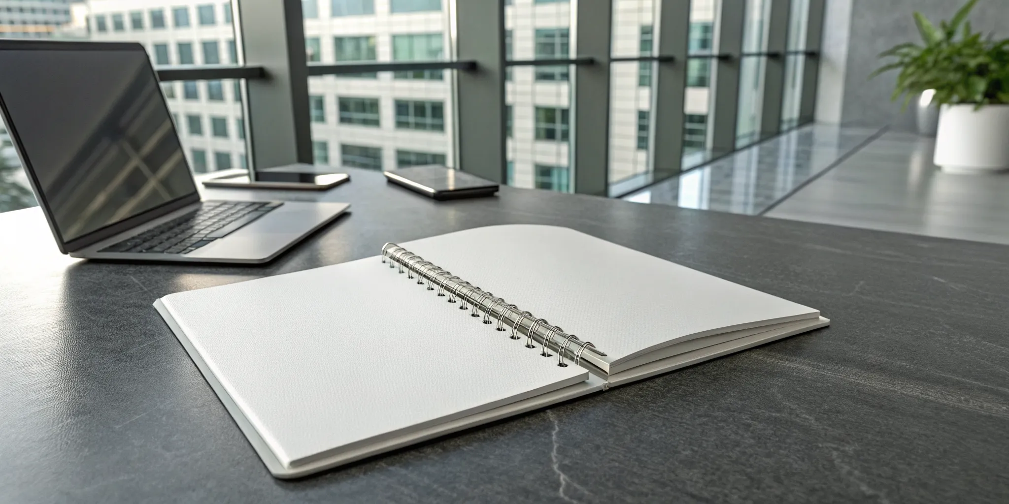 Laptop and notebook on a desk for planning cross-media franchise development.