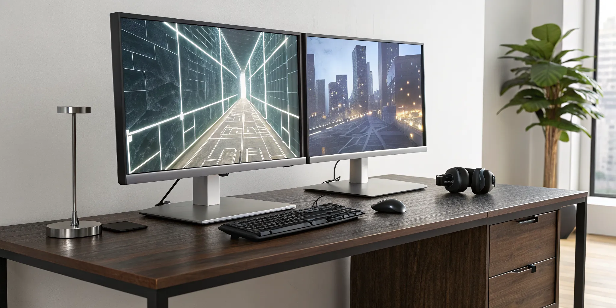 A software engineering workstation with a dual-monitor computer for building games.