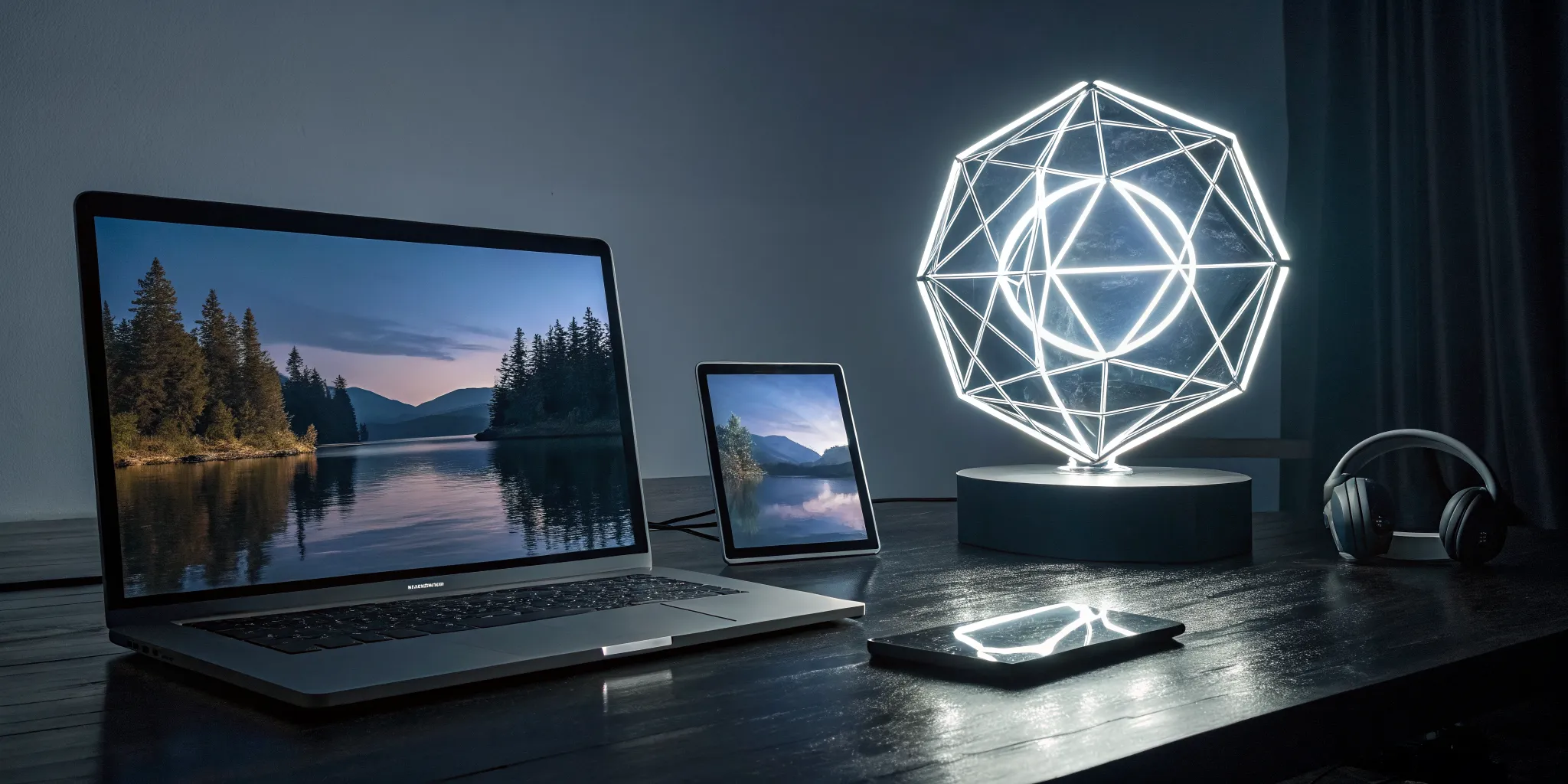 Cross-platform game development company workspace with a laptop, tablet, and smartphone.