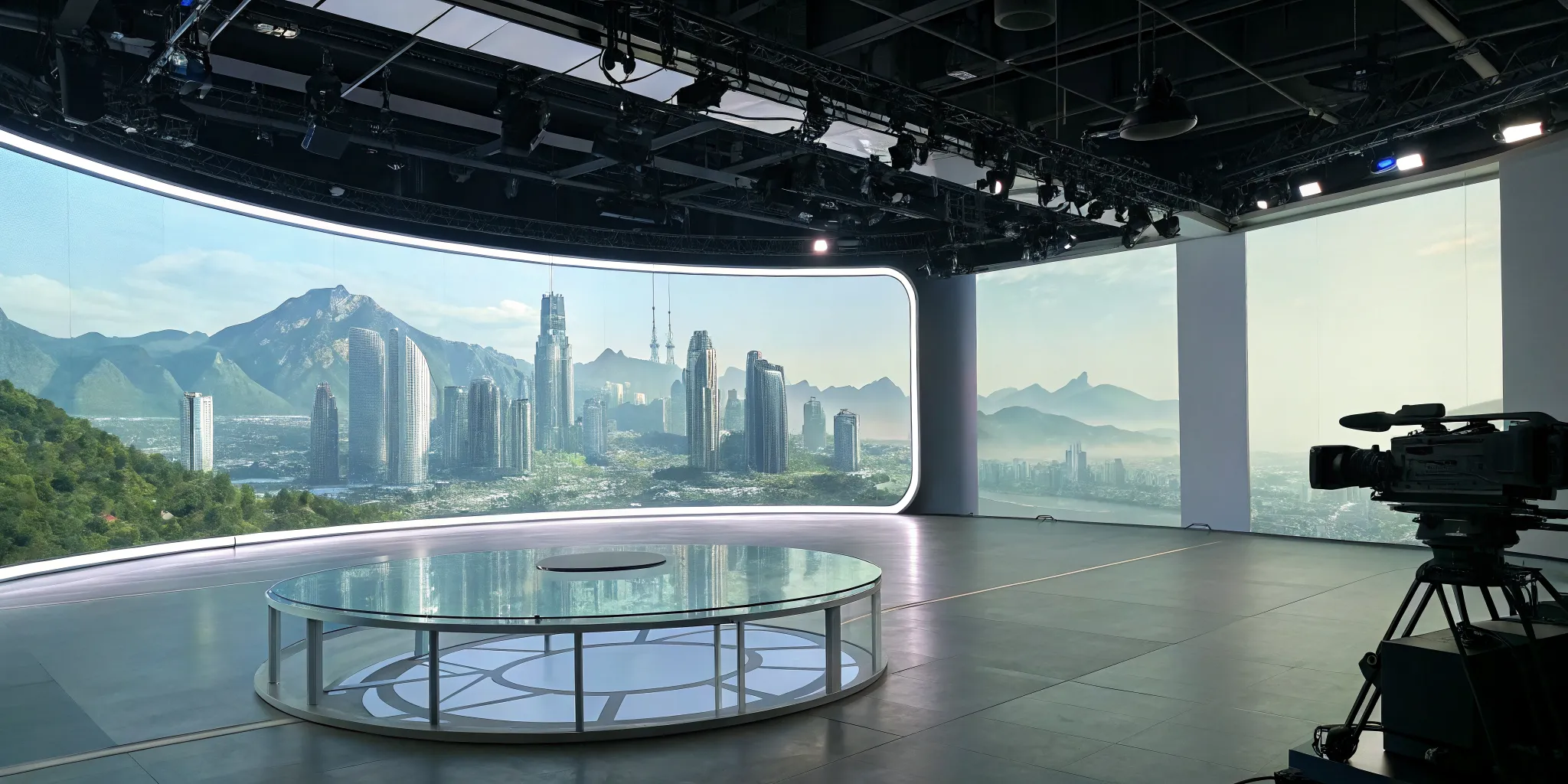 Virtual production for worldbuilding with a futuristic city on an LED stage.