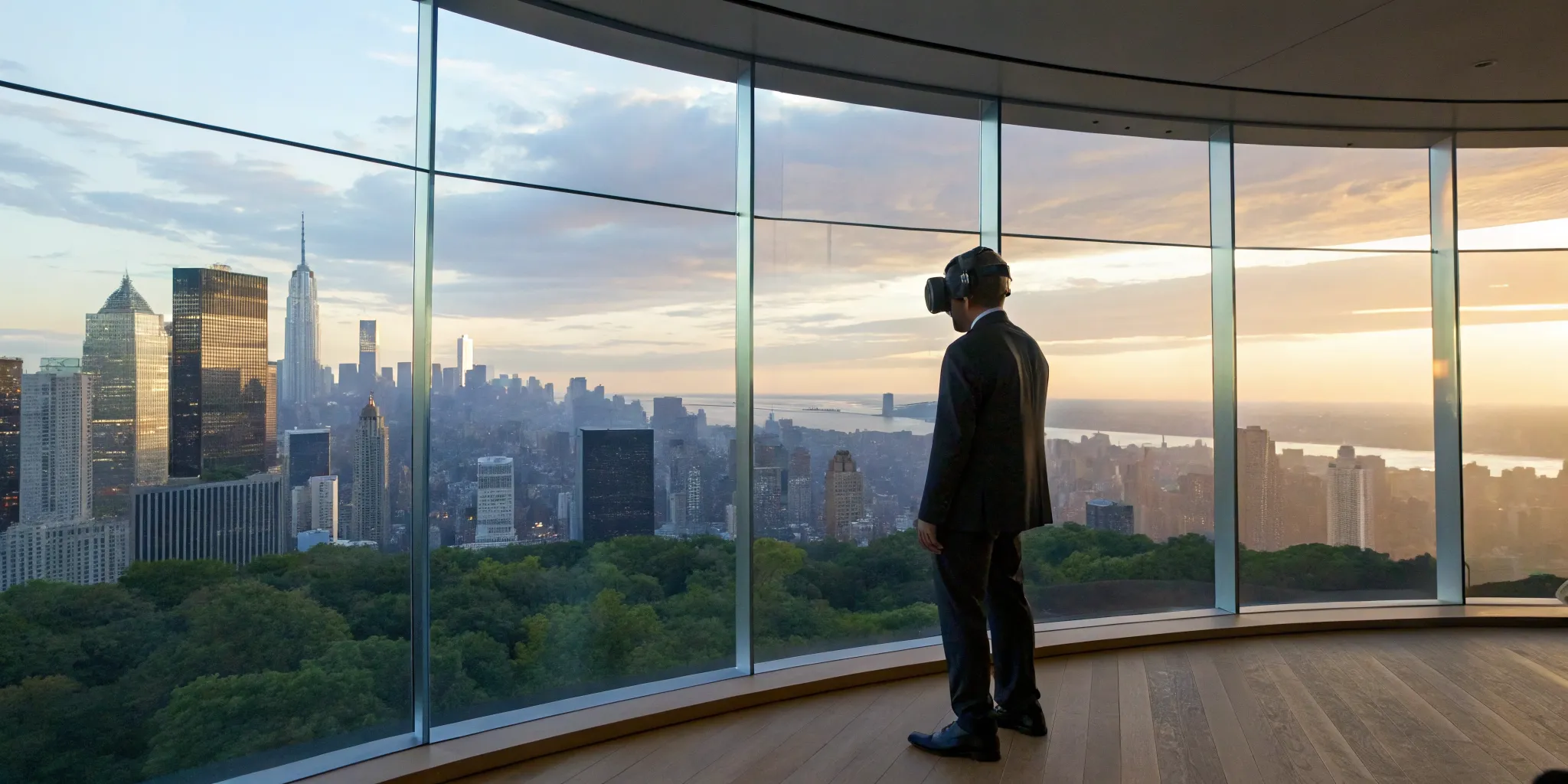 Person in a VR headset uses XR storytelling techniques to experience an immersive city skyline.