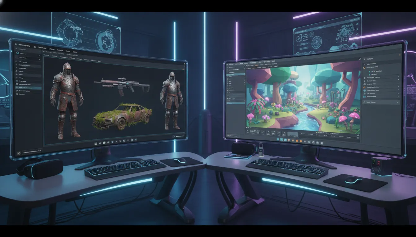 A split screen digital concept showing Unreal Engine and Unity game engines side by side.