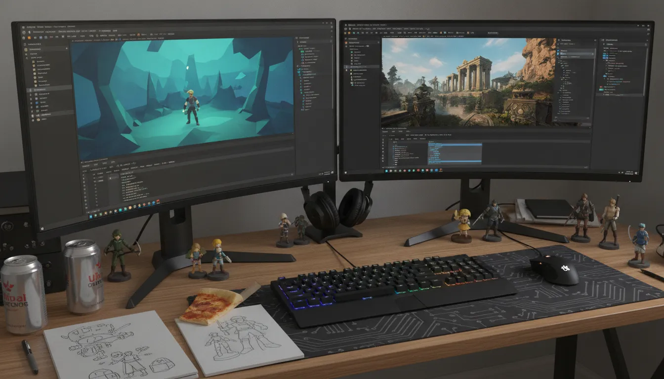 Dual monitor setup showing a comparison of Unity and Unreal Engine development environments