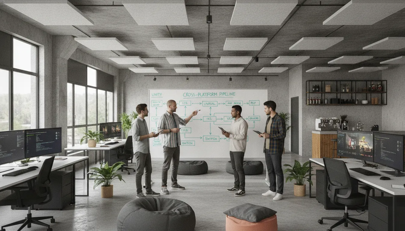Game development team discussing a cross-platform pipeline design on a white board in a modern office
