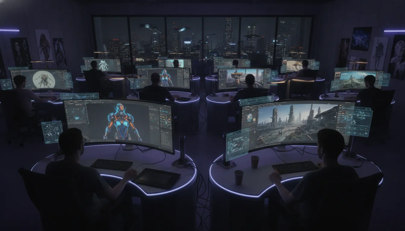 Digital artist working on a futuristic game art character in a studio workspace