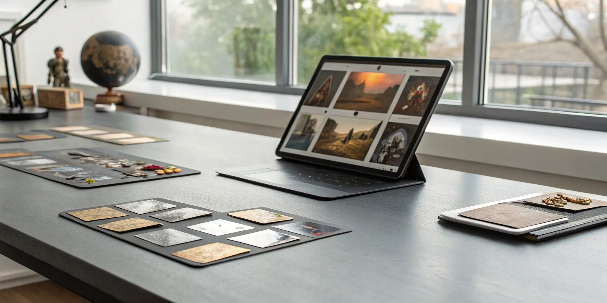A workspace for TCG product development, showing card prototypes and artwork on a tablet.