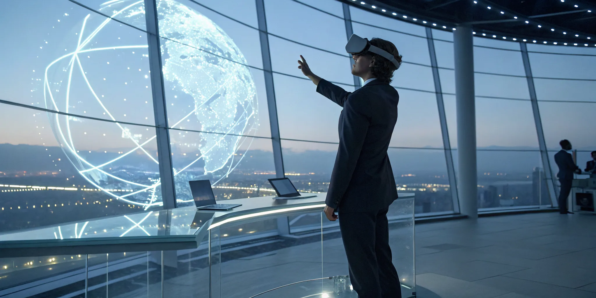 Professional using a virtual reality headset for command and control.