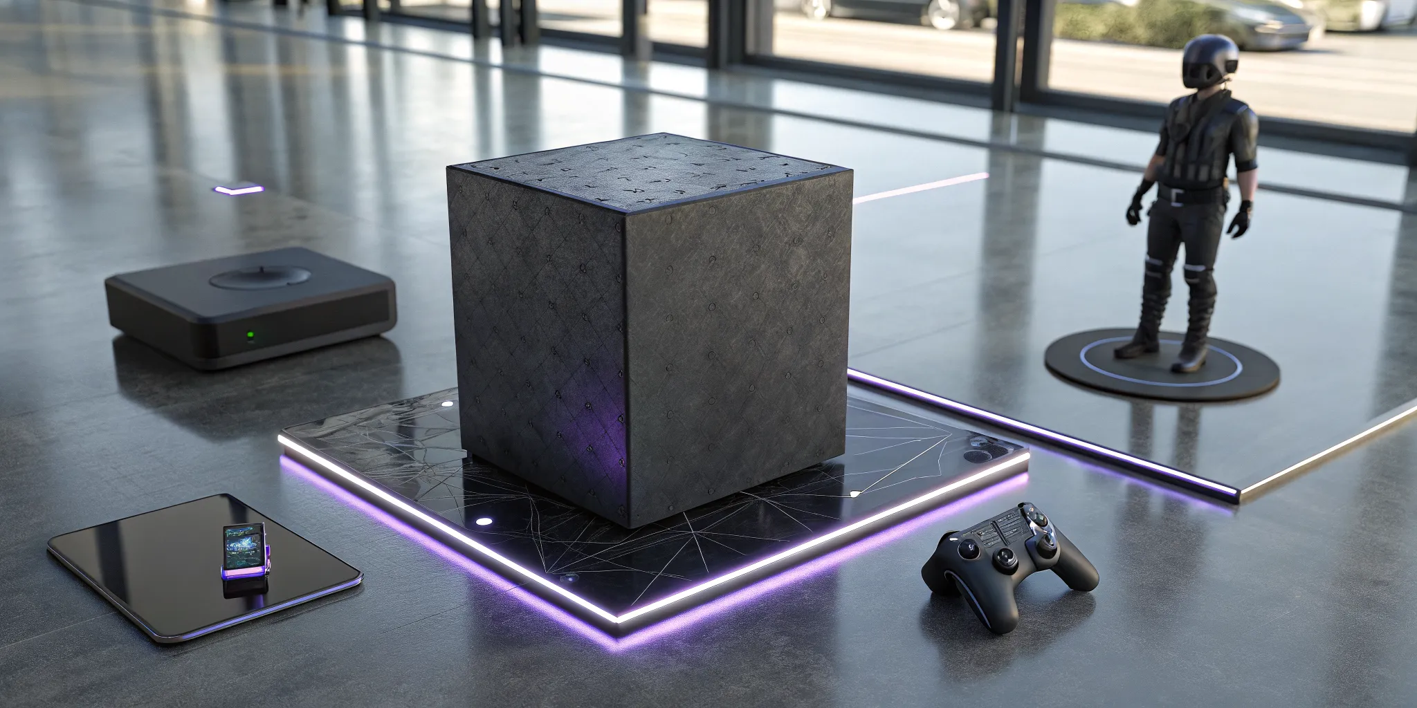 Game development services for IP extension with a futuristic controller, digital cube, and VR figure.