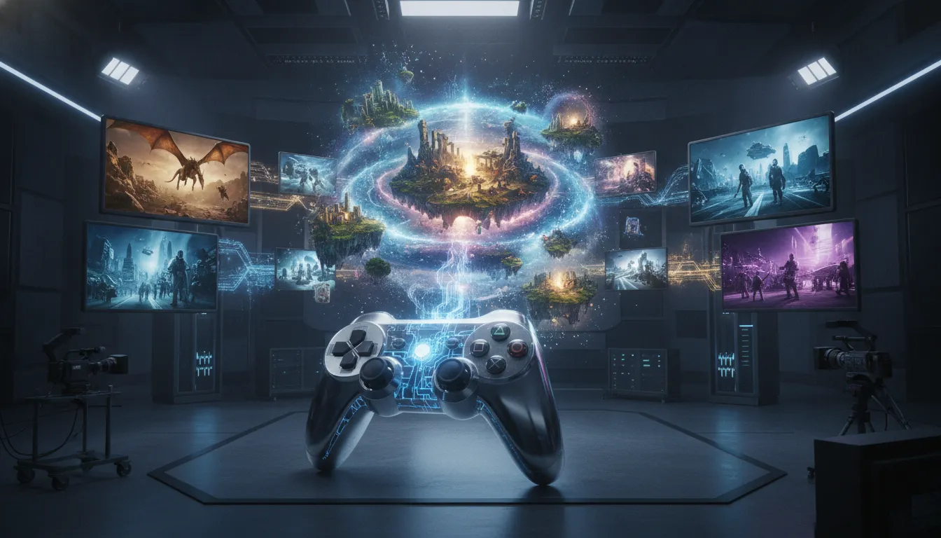 A cinematic 3D IP world expanding from a game controller into film and television scenes with interconnected light trails