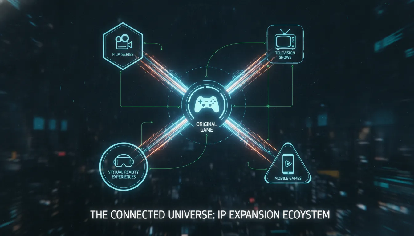 Diagram showing IP expansion from a single game into an interconnected ecosystem spanning film, television, VR, and mobile platforms
