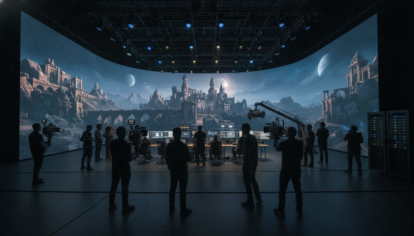 Virtual production stage with LED walls displaying a game environment with crew operating cameras and real-time equipment