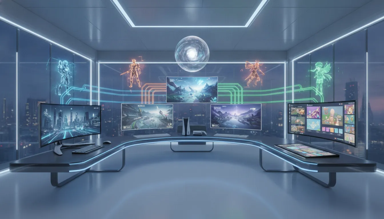 Multi-platform game development scene showing PC, console, and mobile devices connected by data streams