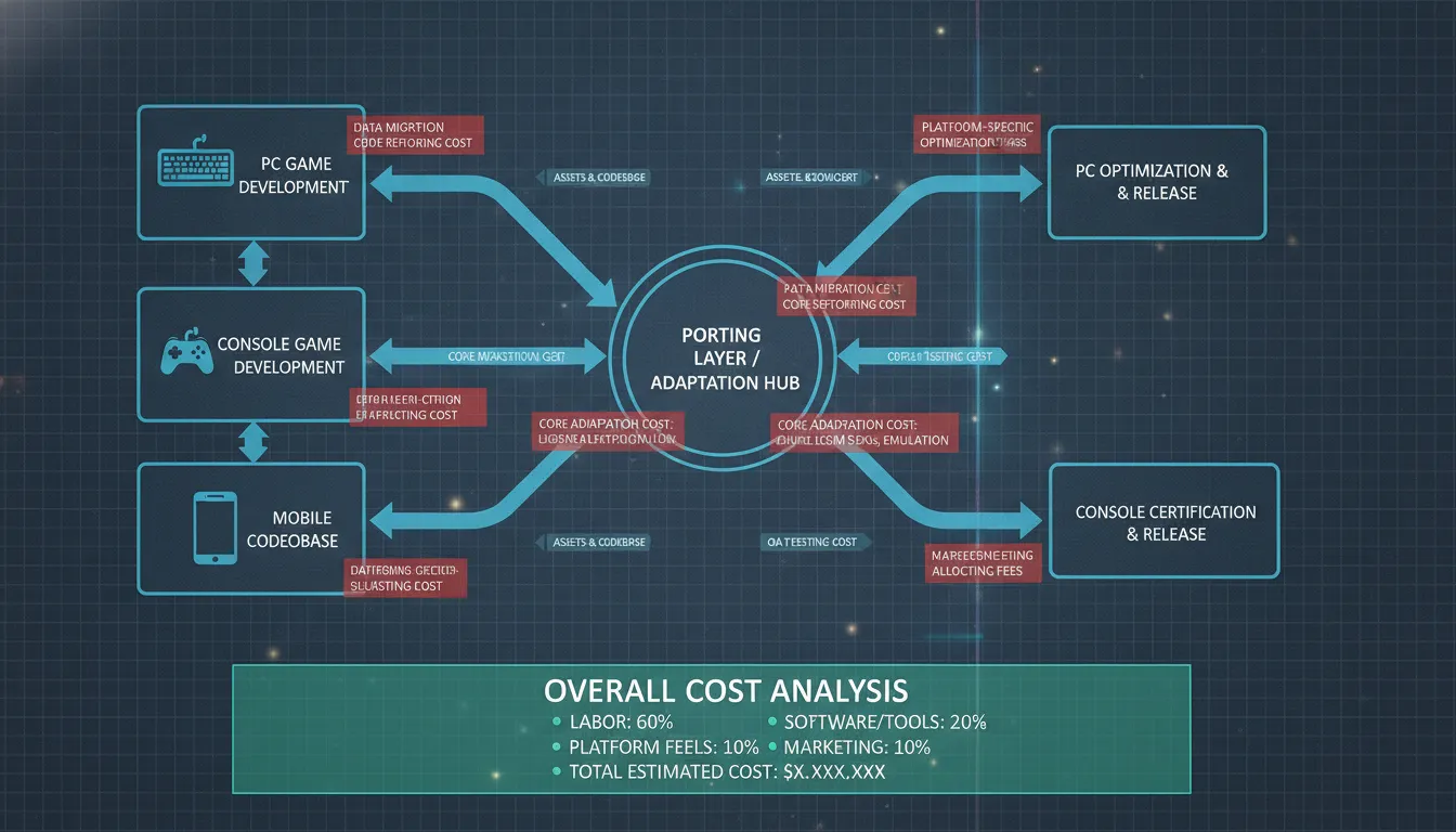 Game porting cost workflow diagram showing PC, console, and mobile development with budget planning stages