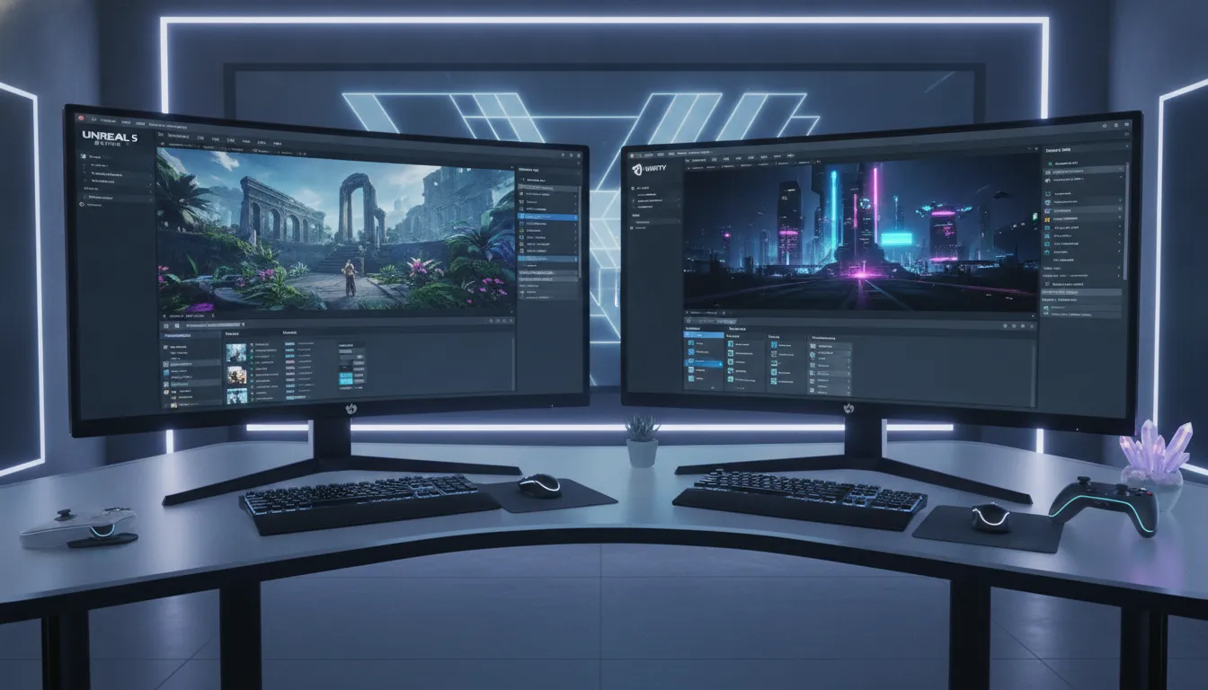 Game development workspace with dual monitors showing Unreal Engine and Unity interfaces side by side