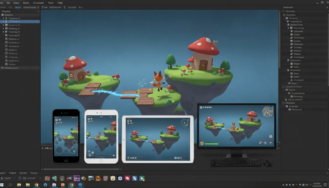 Unity game engine editor with a colorful 3D scene and mobile, tablet, and PC platform build targets