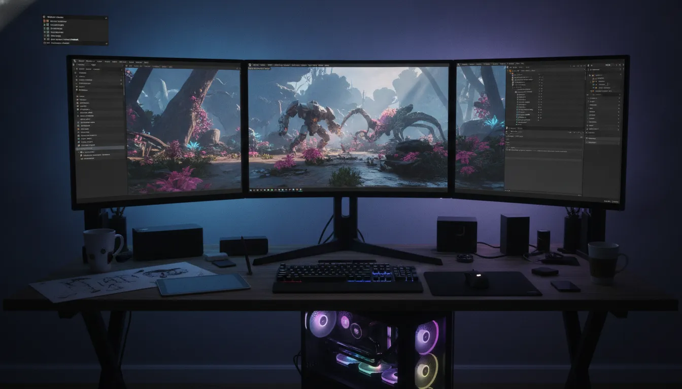 Unreal Engine editor interface showing a high-fidelity 3D game scene with realistic lighting and complex geometry