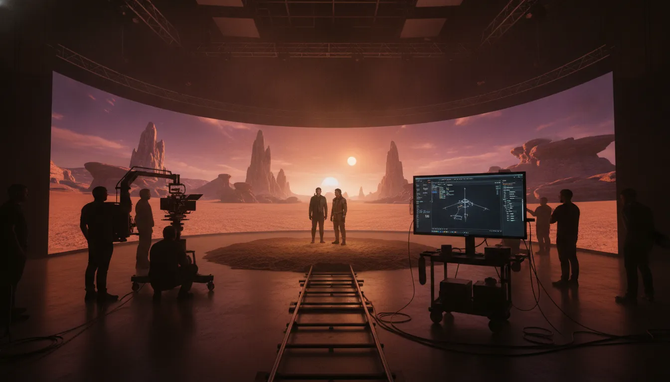 Filmmakers and actors on a virtual production stage with a giant LED wall displaying a photorealistic digital environment