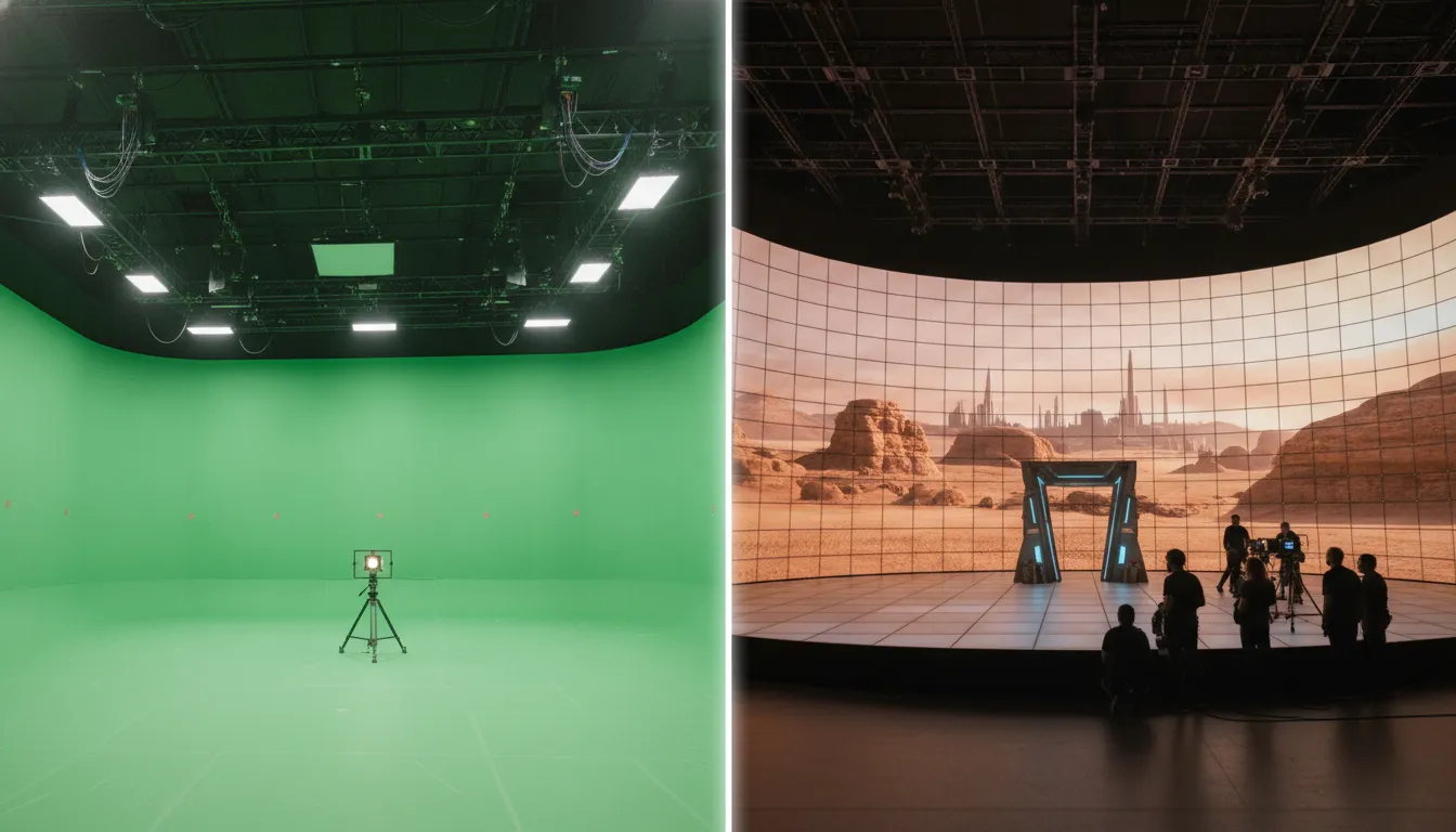 Split comparison of a green screen studio and an LED volume virtual production stage showing the difference in lighting quality and actor immersion