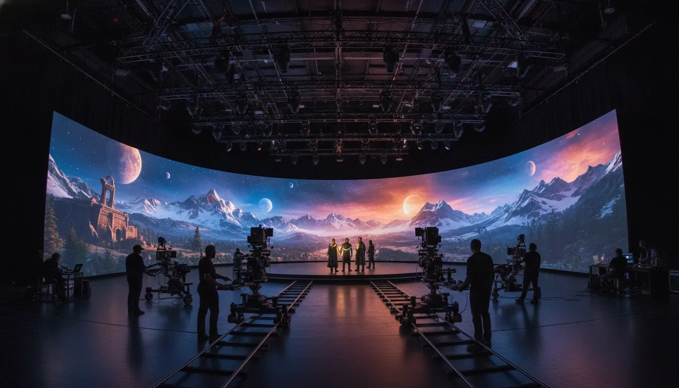 Film crew and actors on a virtual production stage with curved LED walls displaying a photorealistic fantasy landscape during an ICVFX shoot