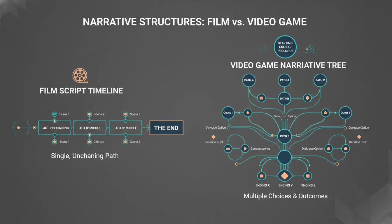 Diagram comparing a linear screenplay timeline with a branching interactive narrative structure