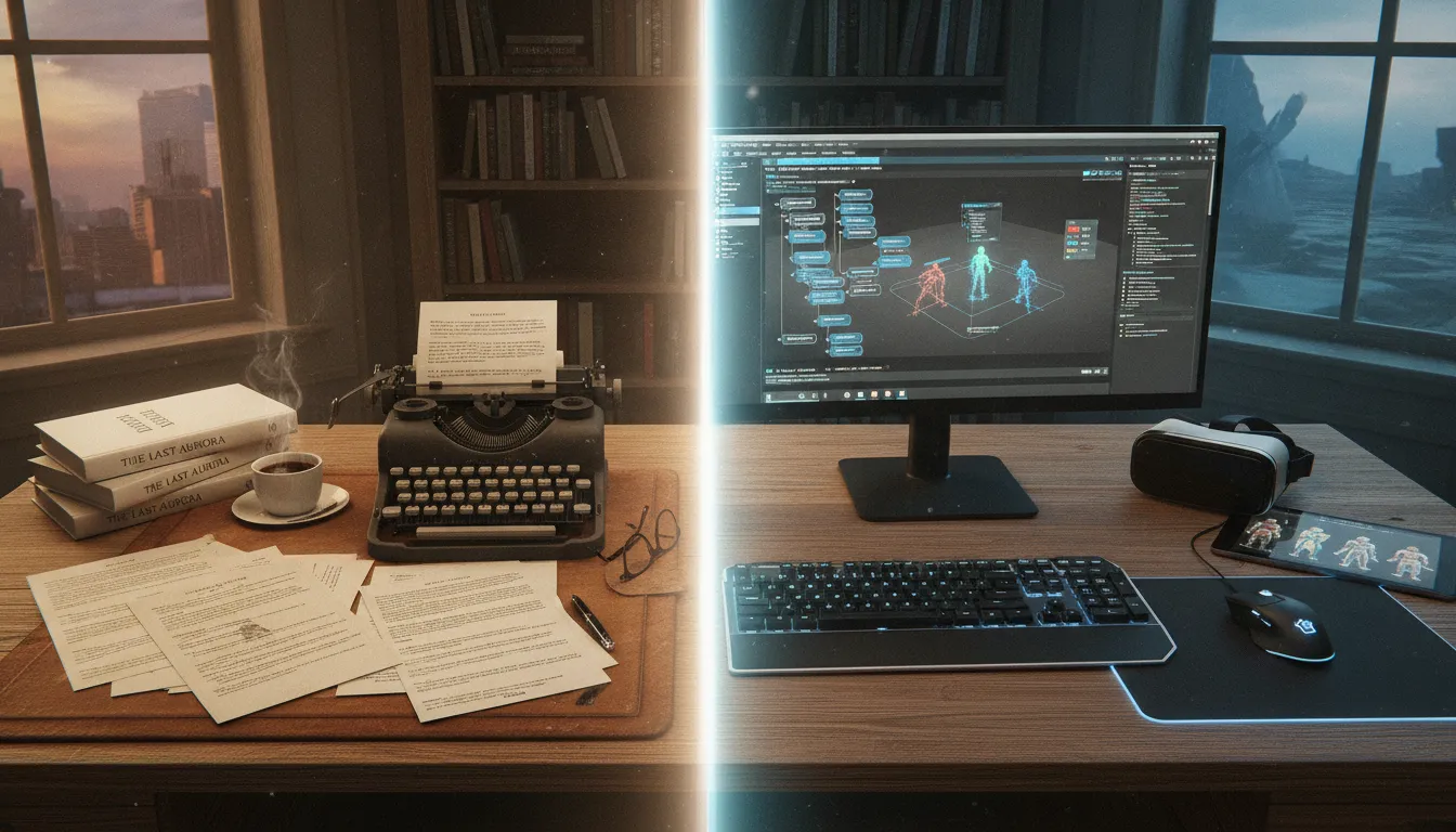 A workspace showing screenplay pages and a game engine interface, representing the transition from film writing to game narrative design