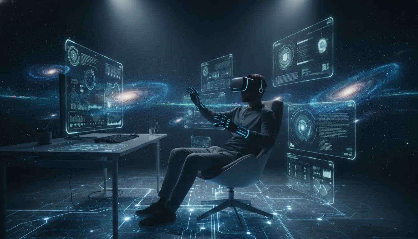 Person wearing VR headset interacting with holographic digital interfaces in a futuristic immersive XR environment