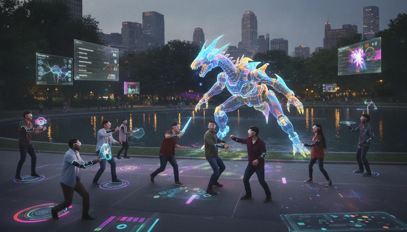People interacting with augmented reality holographic characters in a public park setting