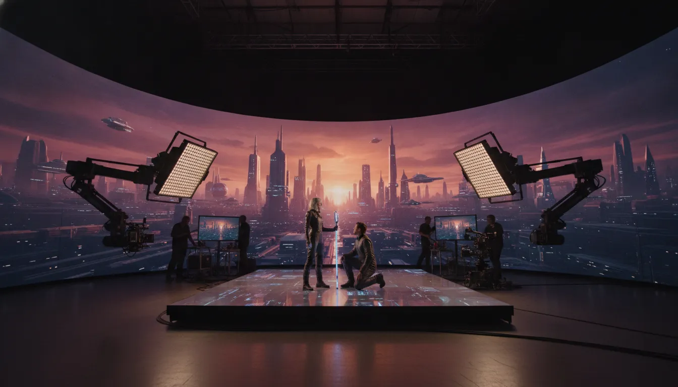 Film crew working inside a virtual production LED volume stage with real-time digital backgrounds
