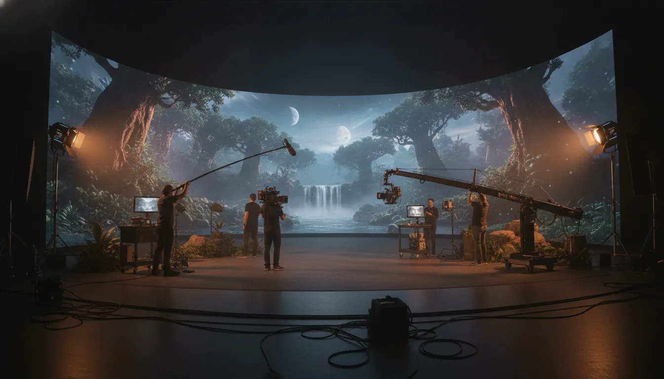 Virtual production studio with LED volume wall displaying real-time Unreal Engine 5 environment with camera crew filming on set