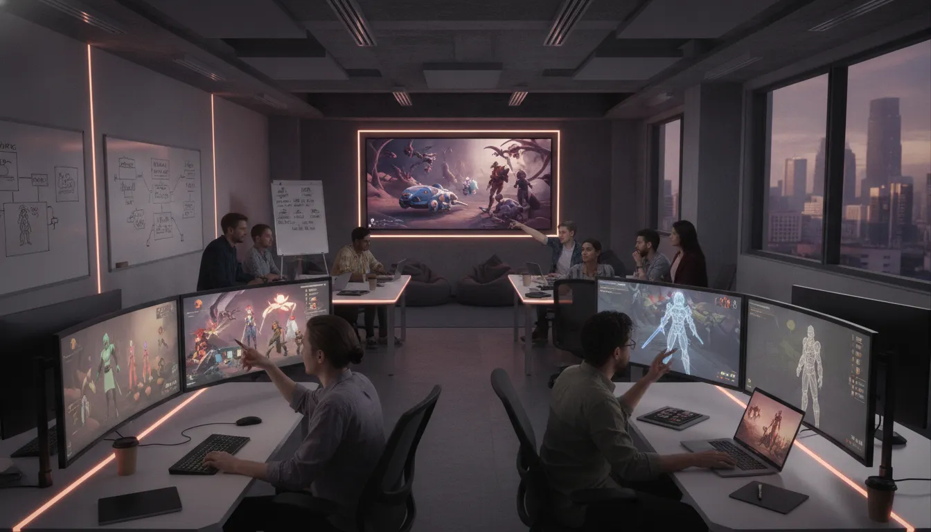 Game development team collaborating on a video game project in a studio setting