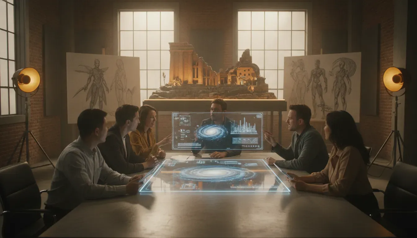 Concept art visualization of interconnected transmedia worlds spanning game development, cinematic storytelling, and virtual production environments