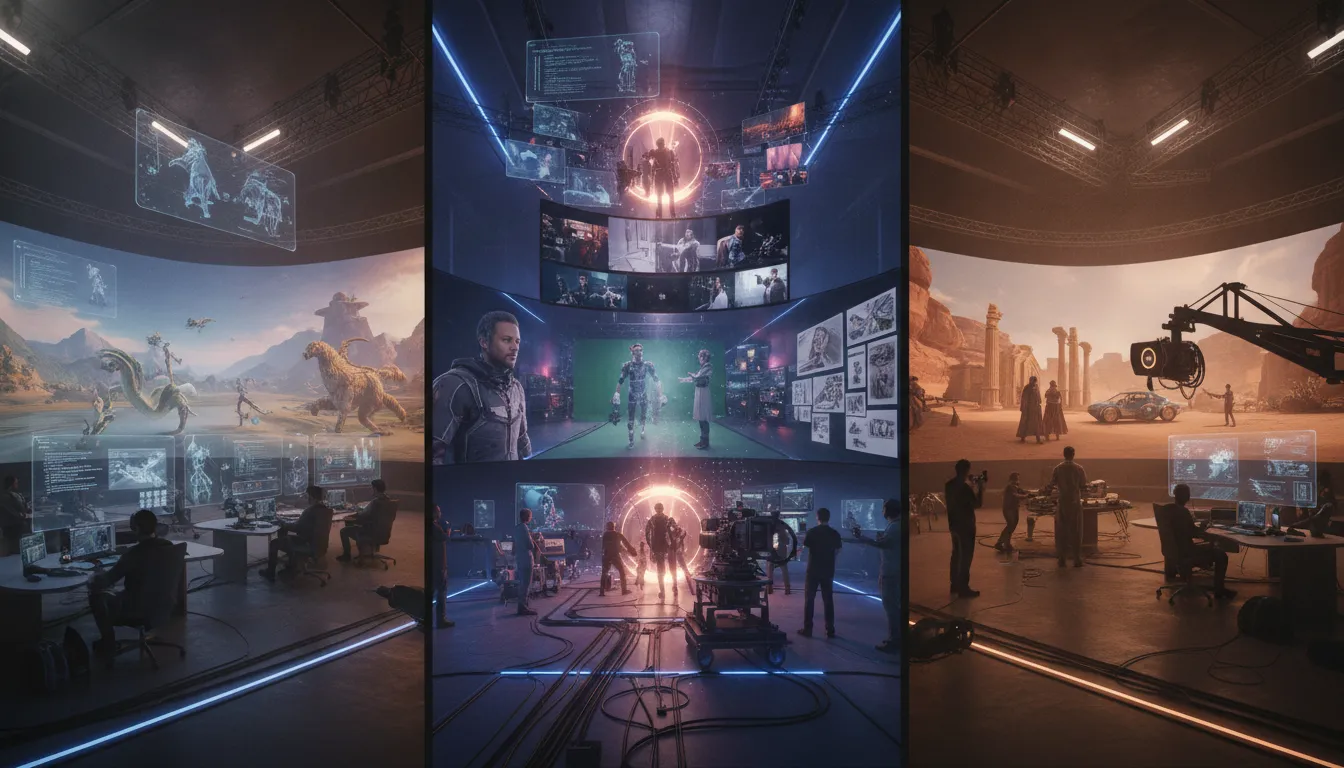 Three connected panels showing game development, cinematic storytelling, and virtual production environments blending into a unified transmedia world