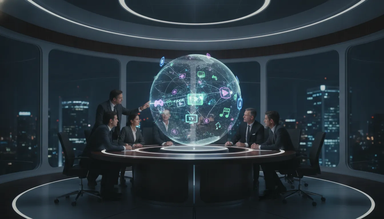 Entertainment professionals collaborating around a holographic display of interconnected media platforms