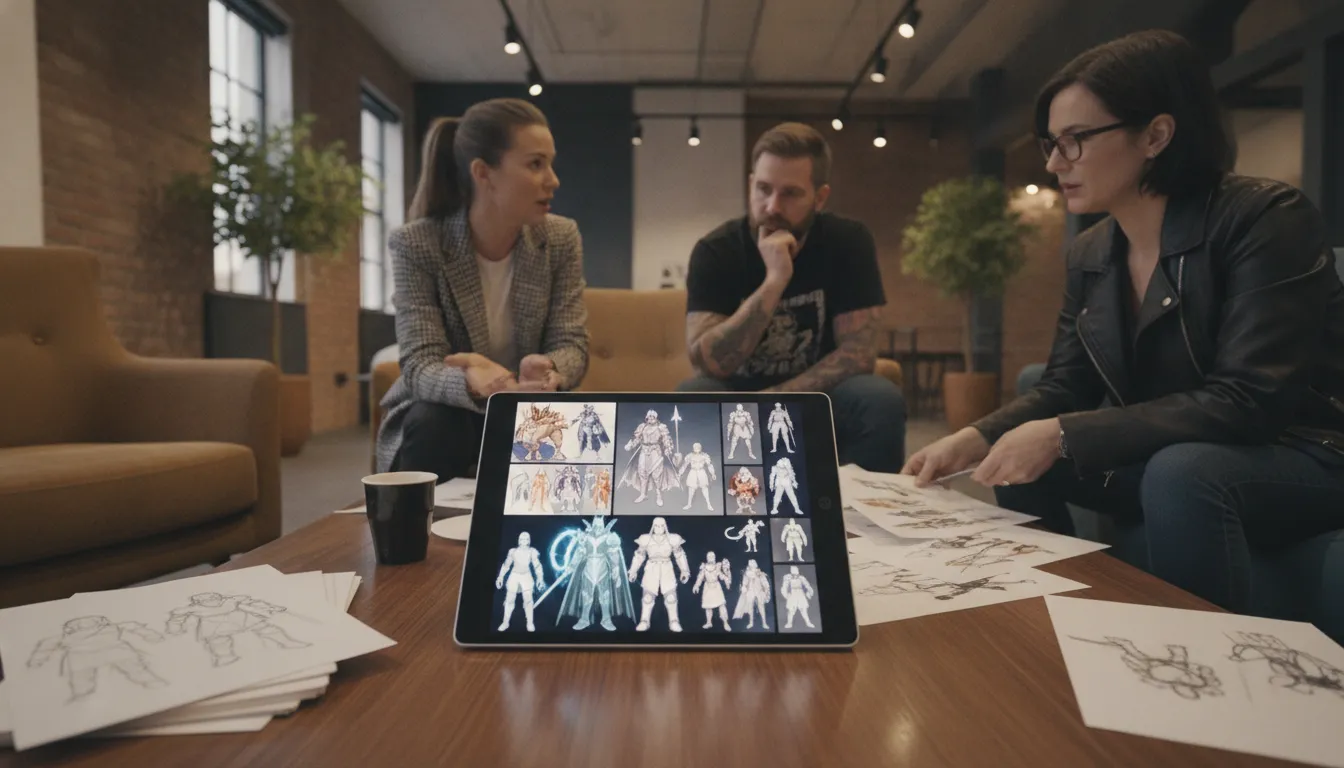 Senior game production leads reviewing character concept art together in a modern studio lounge