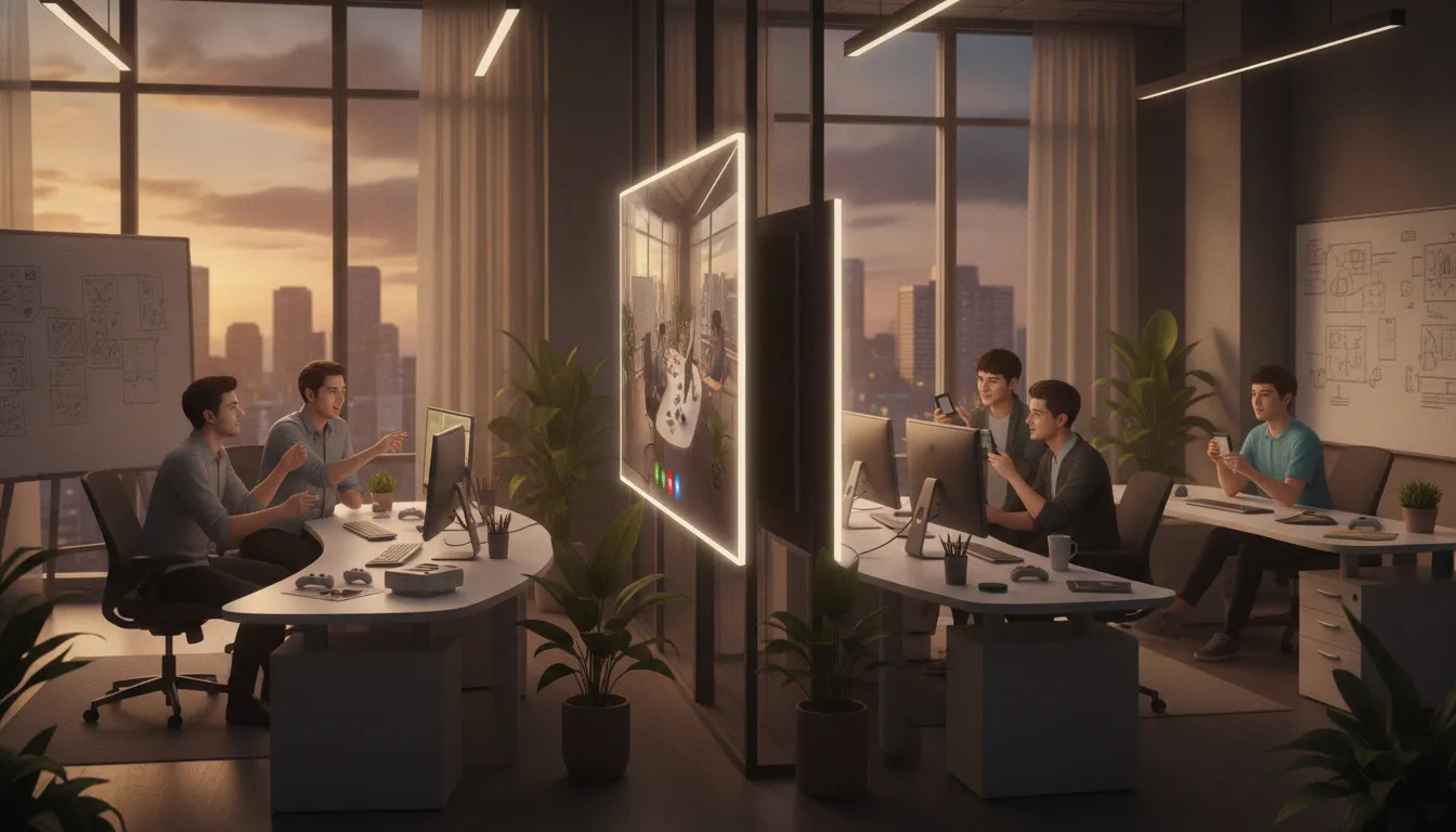 Game developers in two studios collaborating over a live video call during a shared overlap window